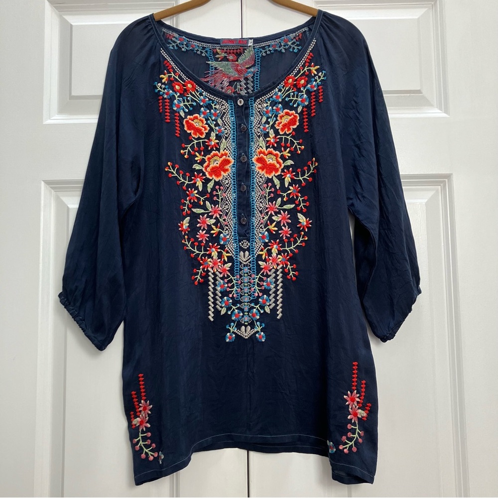 Johnny Was Olivia Embroidered Floral Bird Blouse Tunic Top Boho Peasant Small